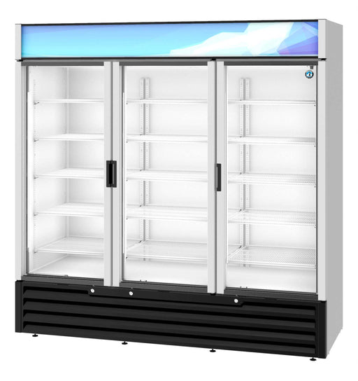 Three section glass door refrigerator, Hoshizaki RM-65-HC, with LED lighting and 56.04ft³ capacity.