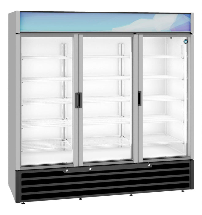 Hoshizaki RM-65-HC three-section glass door refrigerator merchandiser.