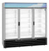 Hoshizaki RM-65-HC three-section glass door refrigerator merchandiser.