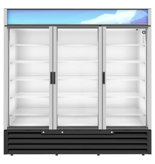 Three-section glass door refrigerator with silver aluminum exterior and energy-efficient LED lights, ideal for displaying beverages.