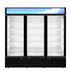 Hoshizaki RM-65-HC-BLK three-section glass door refrigerator merchandiser with black aluminum exterior.