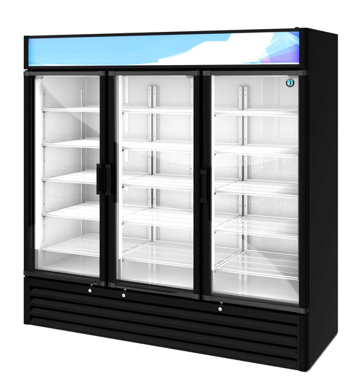 Three-section glass door merchandiser refrigerator with black exterior, energy-efficient LED lighting, and ample storage shelves.