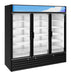 Hoshizaki RM-65-HC-BLK three-section glass door merchandiser refrigerator with black aluminum exterior and LED lights.