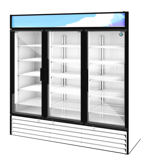 Three section glass door refrigerator merchandiser, Hoshizaki RM-65-HC-WHT, energy-efficient display unit.