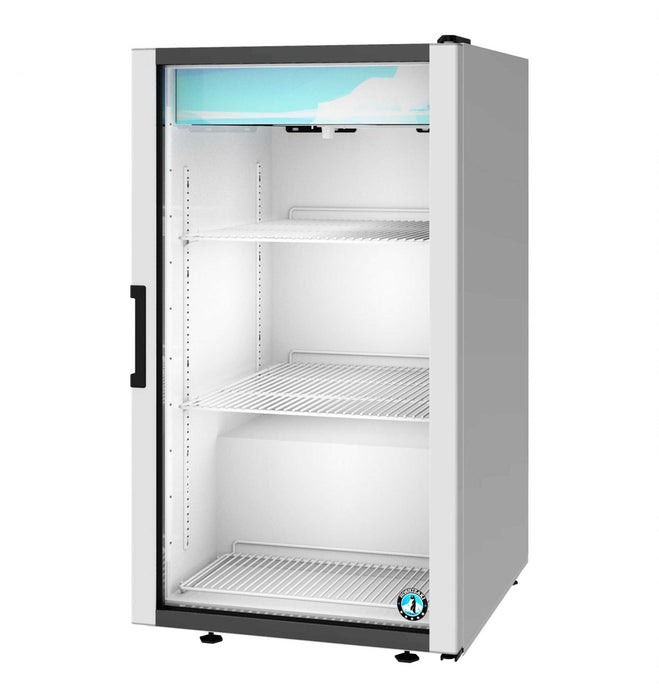 Hoshizaki RM-7-HC countertop refrigerator with single section glass door, white shelves, and LED lighting.