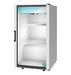 Hoshizaki RM-7-HC countertop refrigerator with single section glass door, white shelves, and LED lighting.