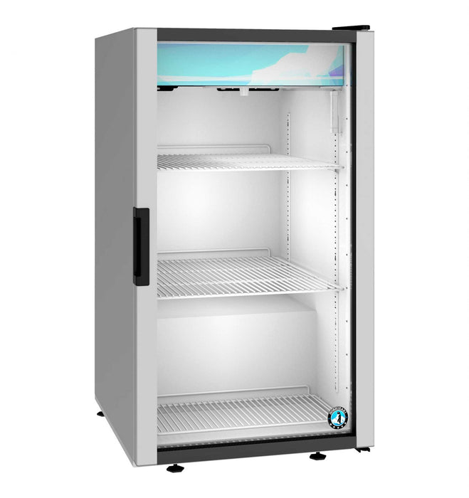 Hoshizaki RM-7-HC Countertop Refrigerator, single section glass door merchandiser with wire shelves.