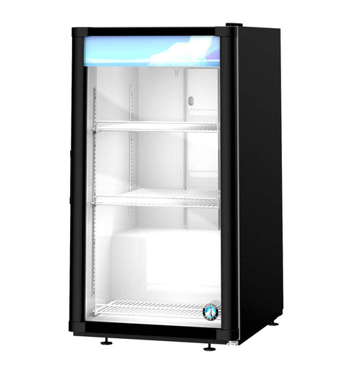 Hoshizaki RM-7-HC-BLK countertop refrigerator with single section glass door, black exterior, and adjustable shelves.