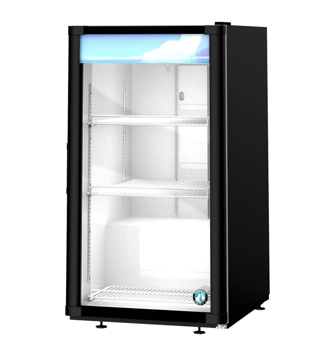 Hoshizaki RM-7-HC-BLK countertop refrigerator with single section glass door, black exterior, and adjustable shelves.