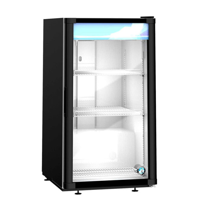 Hoshizaki RM-7-HC-BLK countertop refrigerator, single section glass door merchandiser with shelving.