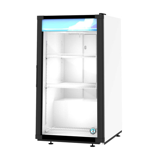 Hoshizaki RM-7-HC-WHT countertop refrigerator with glass door and adjustable shelves.