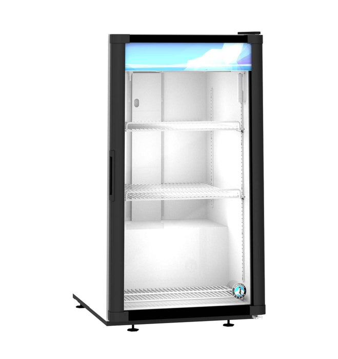 Hoshizaki RM-7-HC-WHT countertop refrigerator with single-section glass door merchandiser, white exterior, and adjustable shelves.