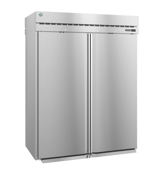 Hoshizaki RN2A-FS two section roll-in upright refrigerator with full stainless steel doors and lock.