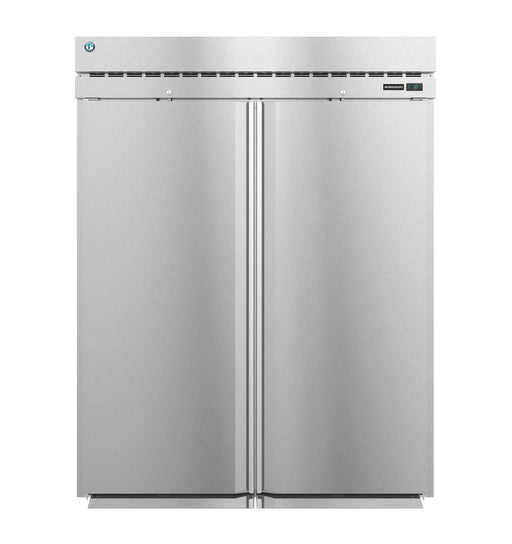 Hoshizaki RN2A-FS two-section roll-in upright refrigerator with stainless steel doors and lock.