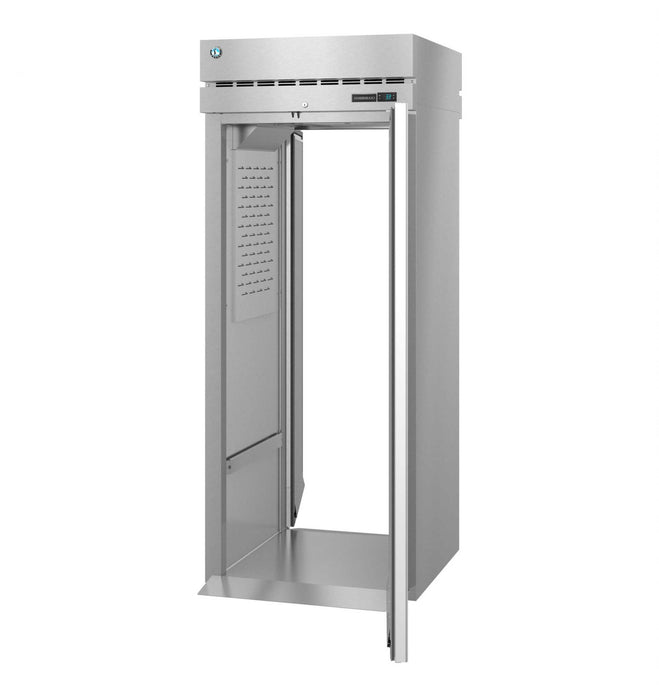 Hoshizaki RT1A-FS-FS single section roll-thru upright refrigerator with stainless steel door and lock.