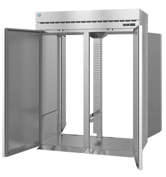 Hoshizaki RT2A-FS-FS stainless steel two-section roll-thru refrigerator with open doors.