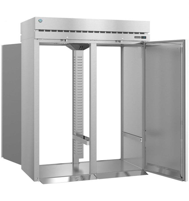 Hoshizaki RT2A-FS-FS two-section roll-thru upright refrigerator with full stainless steel doors and lock.