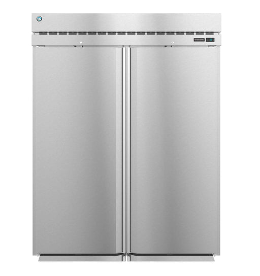 Hoshizaki RT2A-FS-FS, two-section roll-thru upright refrigerator with full stainless steel doors.