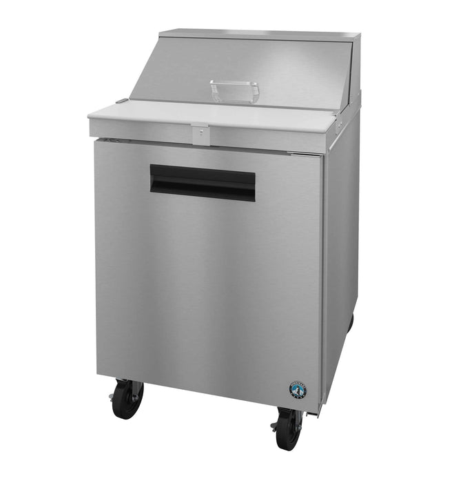 Stainless steel Hoshizaki SR27B-8 sandwich prep table refrigerator with wheels and stainless door.