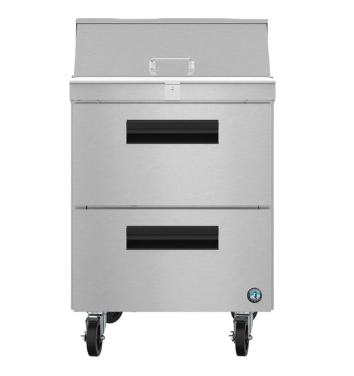 Hoshizaki SR27B-8D2 single section sandwich prep table with stainless drawers and casters.