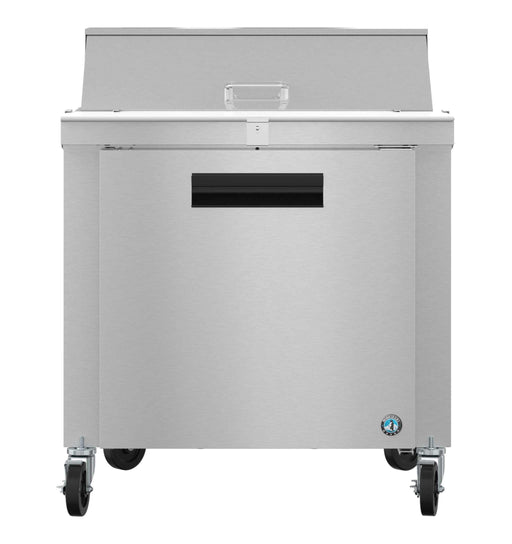 Hoshizaki SR36B-10 stainless steel single section sandwich prep table refrigerator with casters and stainless door.