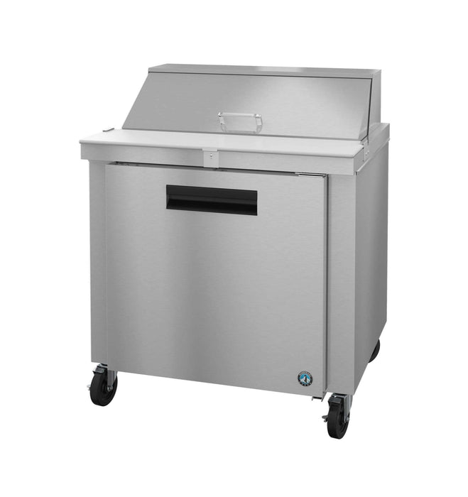 Hoshizaki SR36B-10 stainless steel sandwich prep table refrigerator, single section with door.