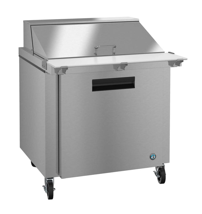 Hoshizaki SR36B-15M refrigerator, single section mega top prep table with stainless door, front view.