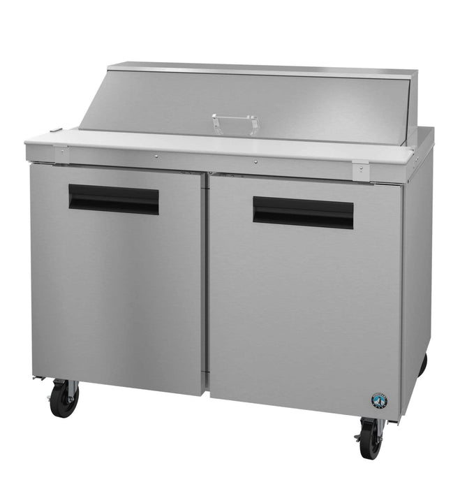 Hoshizaki SR48B-12 two-section sandwich prep table with stainless doors.