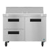 Hoshizaki SR48B-12D2 two-section sandwich prep table with drawer/door combo, stainless steel refrigerator.