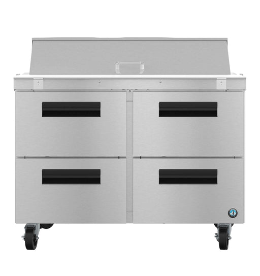 Hoshizaki SR48B-12D4 two-section sandwich prep table with stainless drawers.