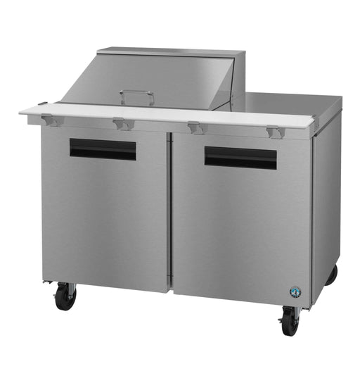 Hoshizaki SR48B-12M two-section mega top prep table refrigerator with stainless steel doors.