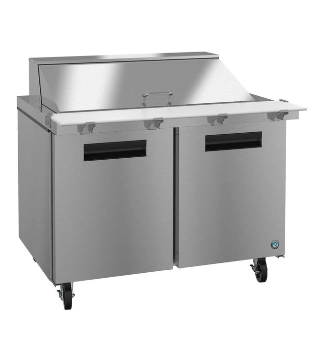 Hoshizaki SR48B-18M stainless steel mega top prep table refrigerator with two doors.