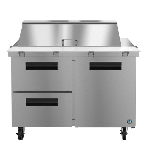 Hoshizaki SR48B-18MD2 two-section mega top prep table refrigerator with drawer/door combo.