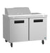 Hoshizaki SR48B-8 refrigerator, two-section sandwich prep table, stainless steel doors, commercial kitchen appliance.