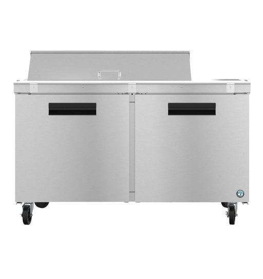 Hoshizaki SR60B-12 refrigerator, two-section sandwich prep table with stainless doors.