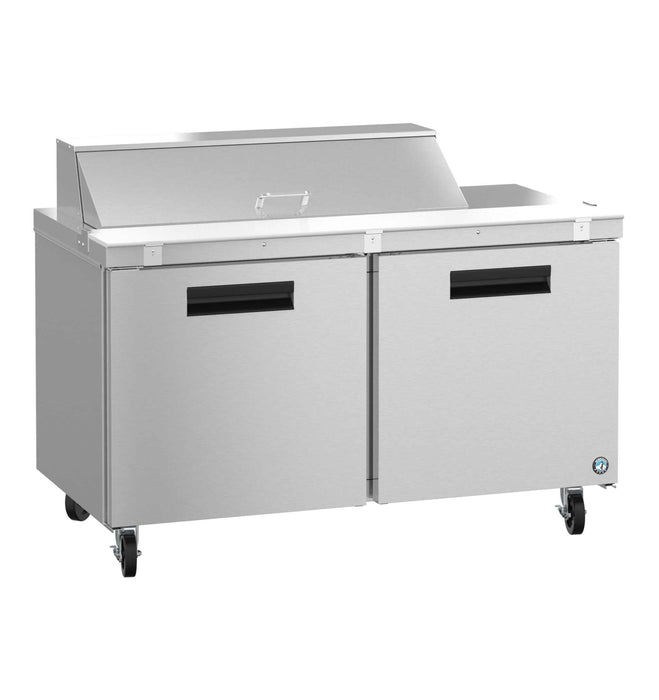 Hoshizaki SR60B-12 two-section stainless steel sandwich prep table refrigerator with doors.