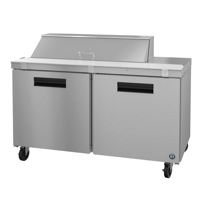 Hoshizaki SR60B-12 Refrigerator, two-section sandwich prep table with stainless doors.