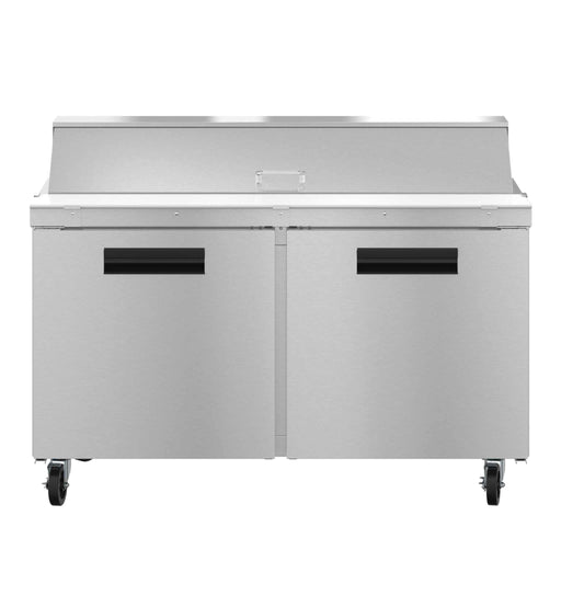 Hoshizaki SR60B-16 sandwich prep table with stainless steel doors and casters.