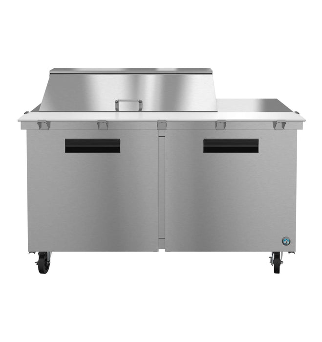 Hoshizaki SR60B-18M two-section mega top prep table refrigerator with stainless doors.