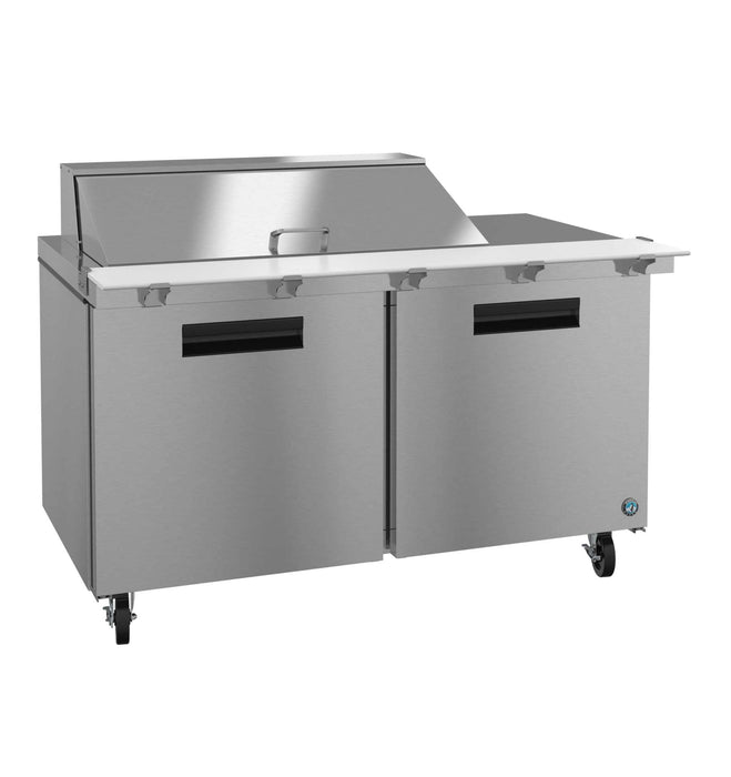 Hoshizaki SR60B-18M Refrigerator, two-section stainless steel mega top prep table with doors.