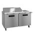 Hoshizaki SR60B-18M Refrigerator, two-section stainless steel mega top prep table with doors.