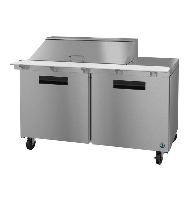 Hoshizaki SR60B-18M two-section stainless steel mega top refrigerator prep table.