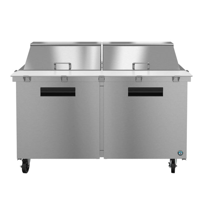 Hoshizaki SR60B-24M two-section stainless steel mega top prep table refrigerator on casters.