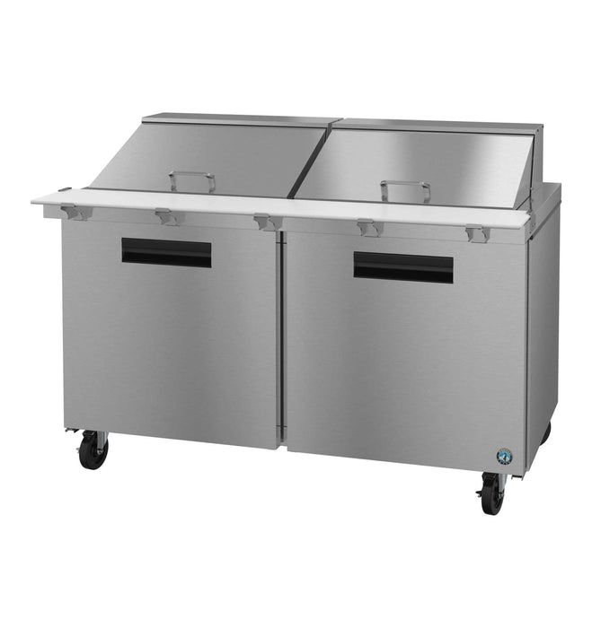 Hoshizaki SR60B-24M two-section stainless mega top prep table refrigerator.