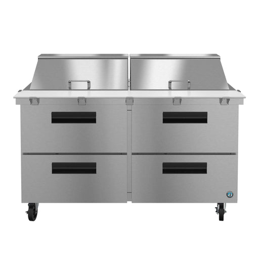 Hoshizaki SR60B-24MD4 Refrigerator, stainless steel two-section mega top prep table with drawers.