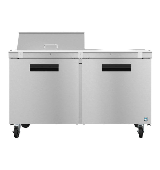 Hoshizaki SR60B-8 two-section stainless refrigerator prep table with doors and casters.