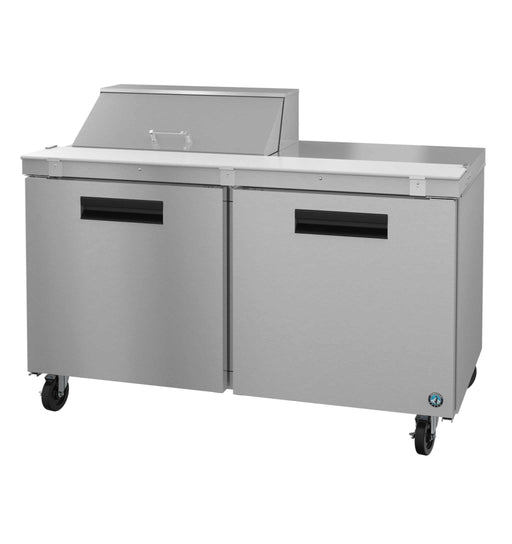 Hoshizaki SR60B-8 two-section stainless steel sandwich prep table with stainless doors.