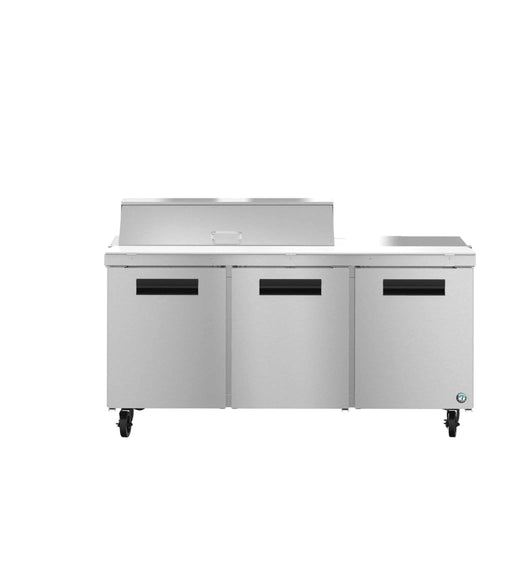 Hoshizaki SR72B-12 three section sandwich prep table refrigerator with stainless doors.