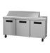 Three section stainless steel sandwich prep table refrigerator with wheels, Hoshizaki SR72B-16 model.