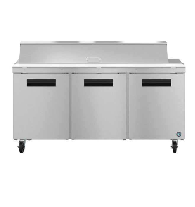 Hoshizaki SR72B-18 refrigerator, three-section sandwich prep table with stainless steel doors.